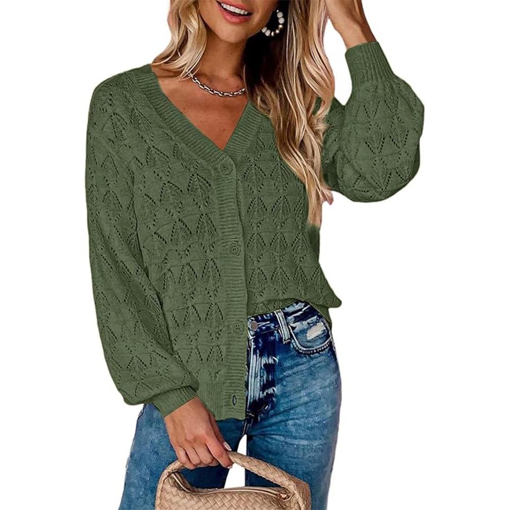 Dámský lehký háčkovaný zkrácený kardigan 2025 s výstřihem do V, dlouhým rukávem a bolerkem na knoflíky