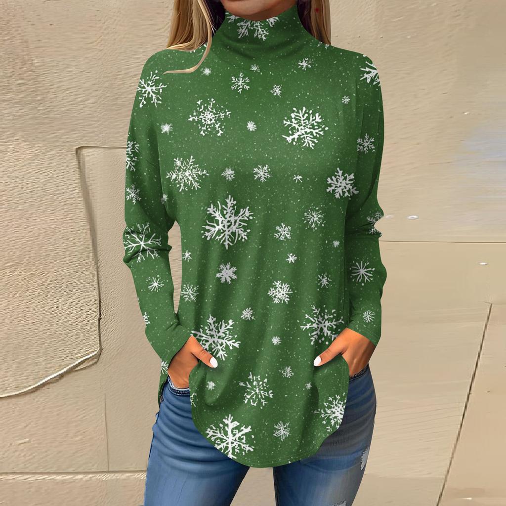 Women's Fashionable Loose-Fit High-Neck T-Shirt With Christmas Print Long-Sleeved Top