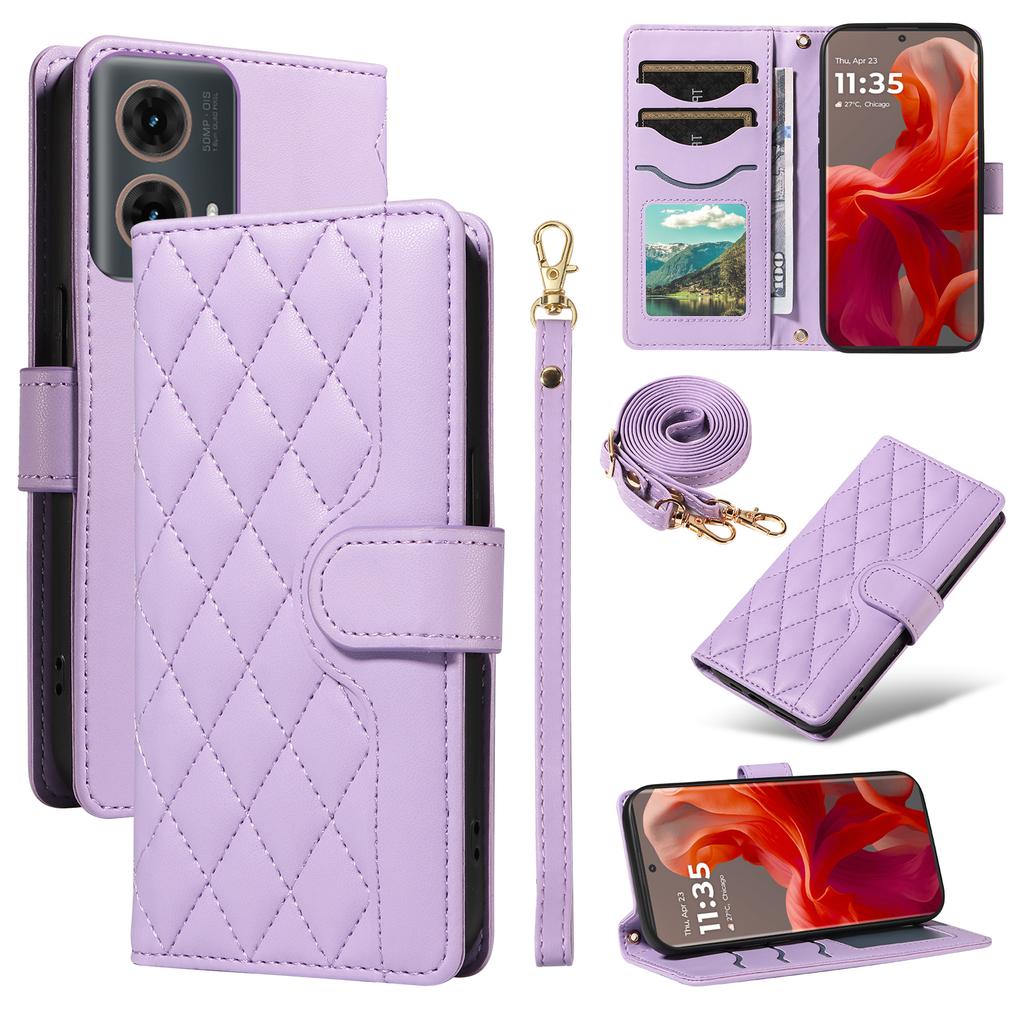 For Motorola Edge 50 Fusion 5G Case Wallet Rhombus Leather Phone Cover with Shoulder Strap,Wrist Strap
