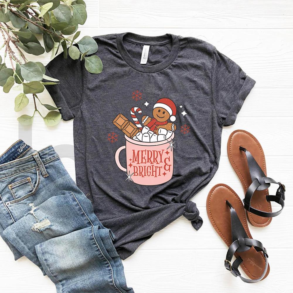 Gingerbread Retro Merry T Shirt Cute Xmas Tshirt Christmas Graphic T Shirts Merry Christmas Tee Womens Holiday Tops