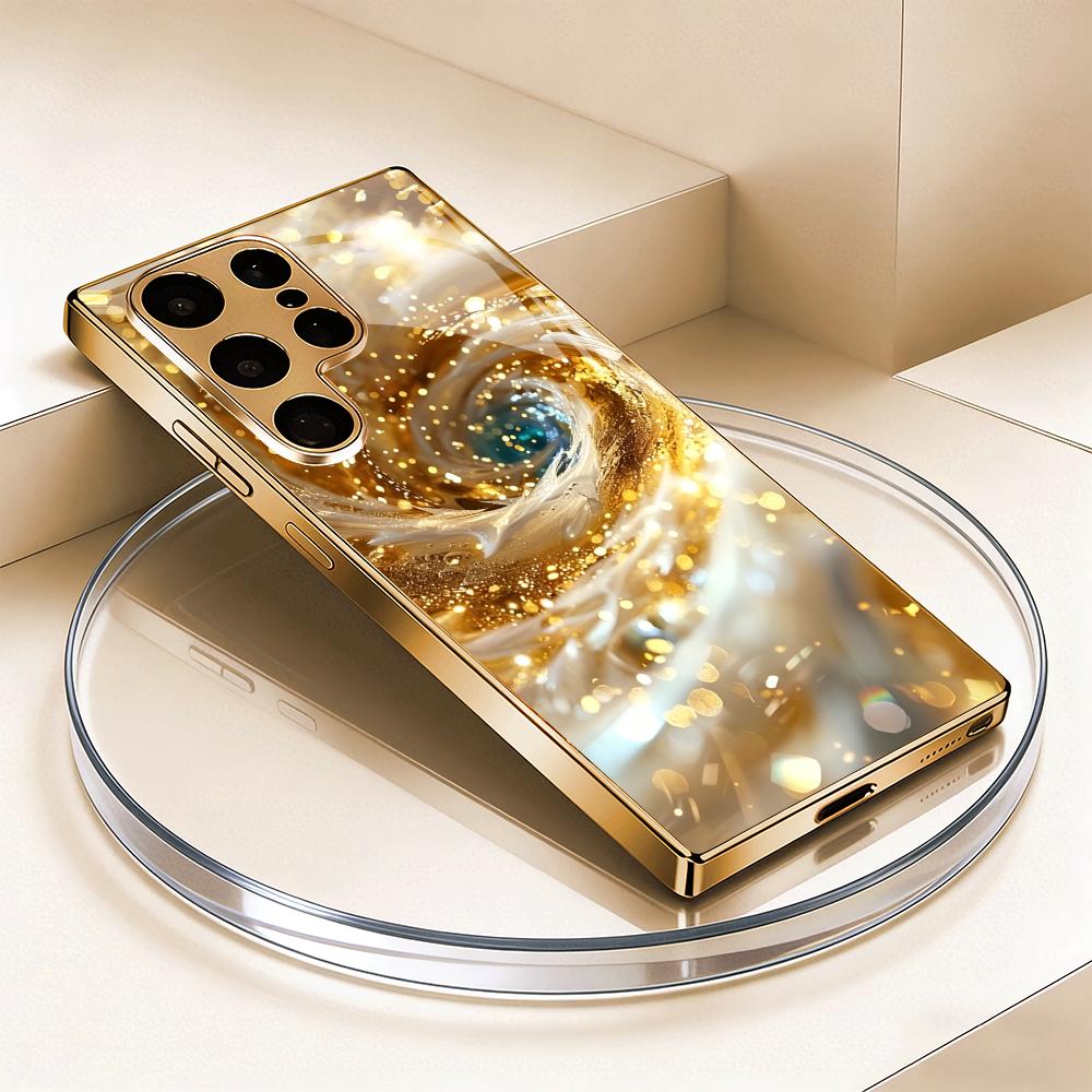 Golden spiral metallic paint glass phone case suitable for Samsung Galaxy S26 S25 S24 S23 S22 S21 S20 FE/Ultra/Plus anti drop