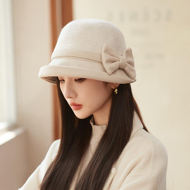 Women's Winter Wool Felt Elegant Bow Bucket Hat