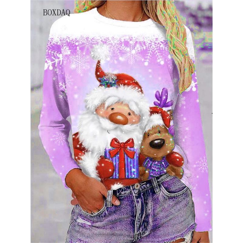 Big Size Women Clothing Christmas T-shirts Autumn Winter Long Sleeve 3d Santa Claus And Snowman Print Cartoon Cute Lady Tops
