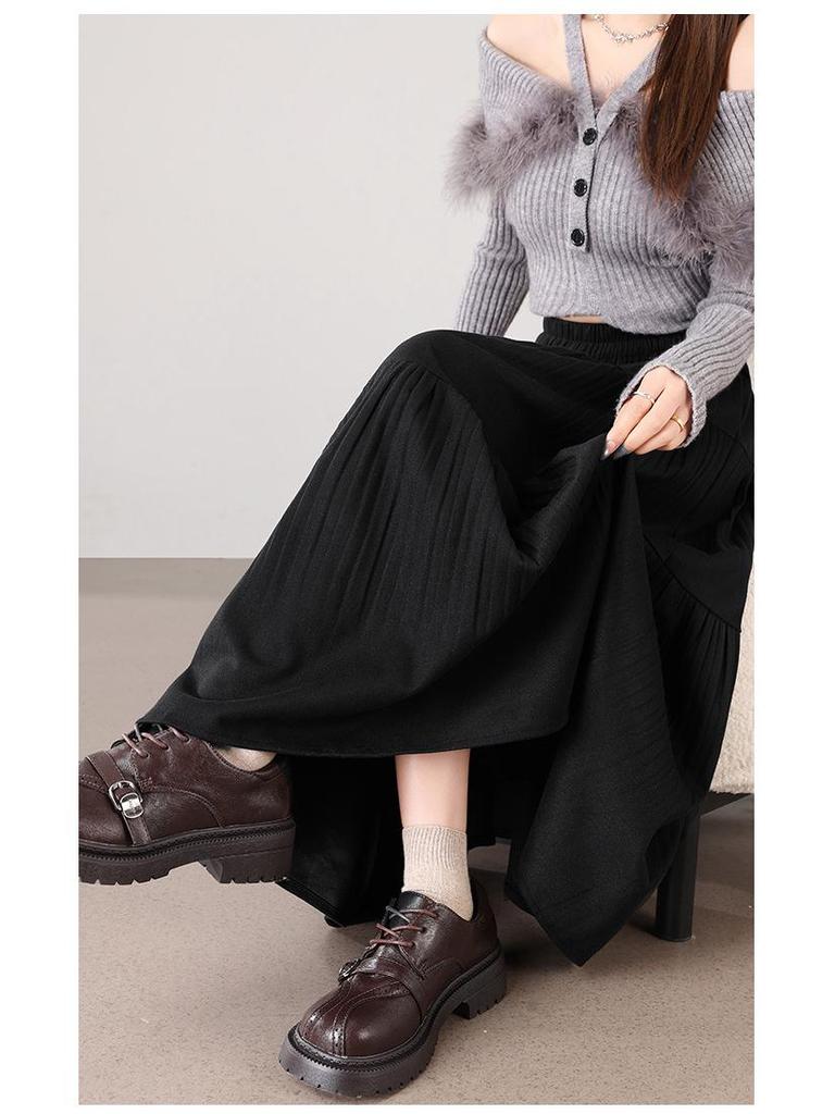 2025 Fall/Winter Layered Woolen Flare A-Line Skirt - Slimming, High-Waist, Long Design