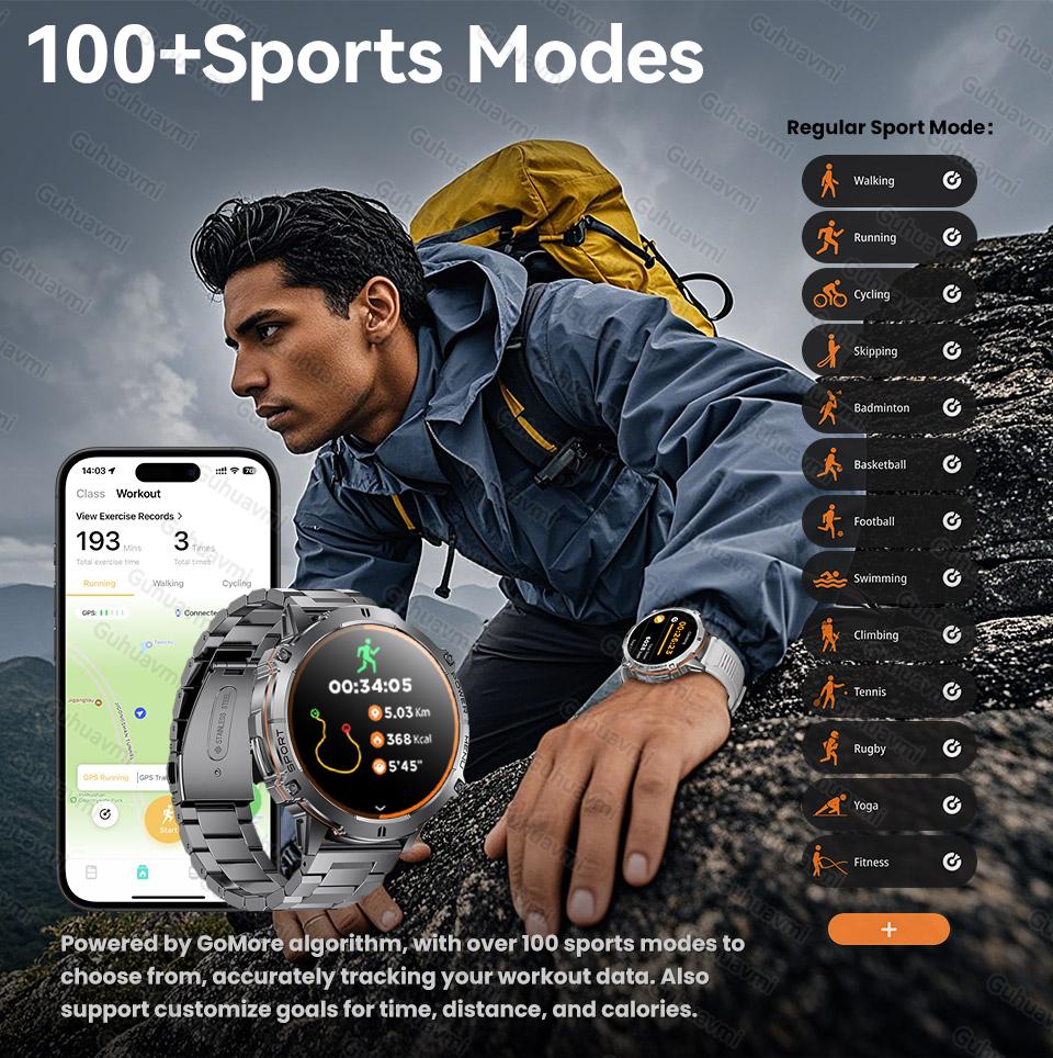 New 1000mAh Big Battery Outdoors Military SmartWatch 1.73" AMOLED Screen 10ATM Waterproof Compass Sports Tracker Smartwatch