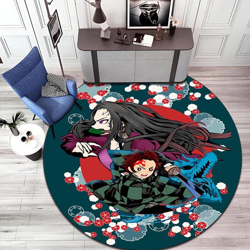 Classic Japanese-style Cartoon Demon Slayer Round Rug, Home Soft Decorative Anti-slip Yoga Mat and Chair Mat, Outdoor Floor Mat Carpet K33