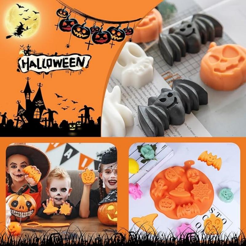 6-Cavity Silicone Candle Mold Pumpkin Ghost Witch Hat Design for DIY Resin Clay Tray Gothic Halloween Decor Making Tool