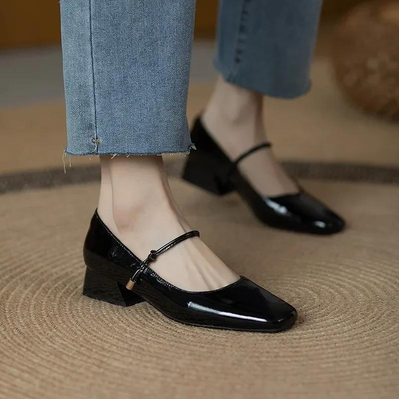 Buty Mary Jane Bordowe Kwadratowy Nosek Skórzane Buty Damskie Retro Lakierowane Buty Chaussure Femme Czółenka na Niskim Obcasie