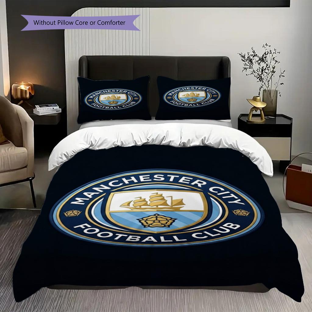 Manchester City Emblem Three-piece Set (1 * Duvet Cover + 2 * Pillowcase, Without Core) 2DFlat Duvet Cover and Pillowcase Christmas Birthday Gift