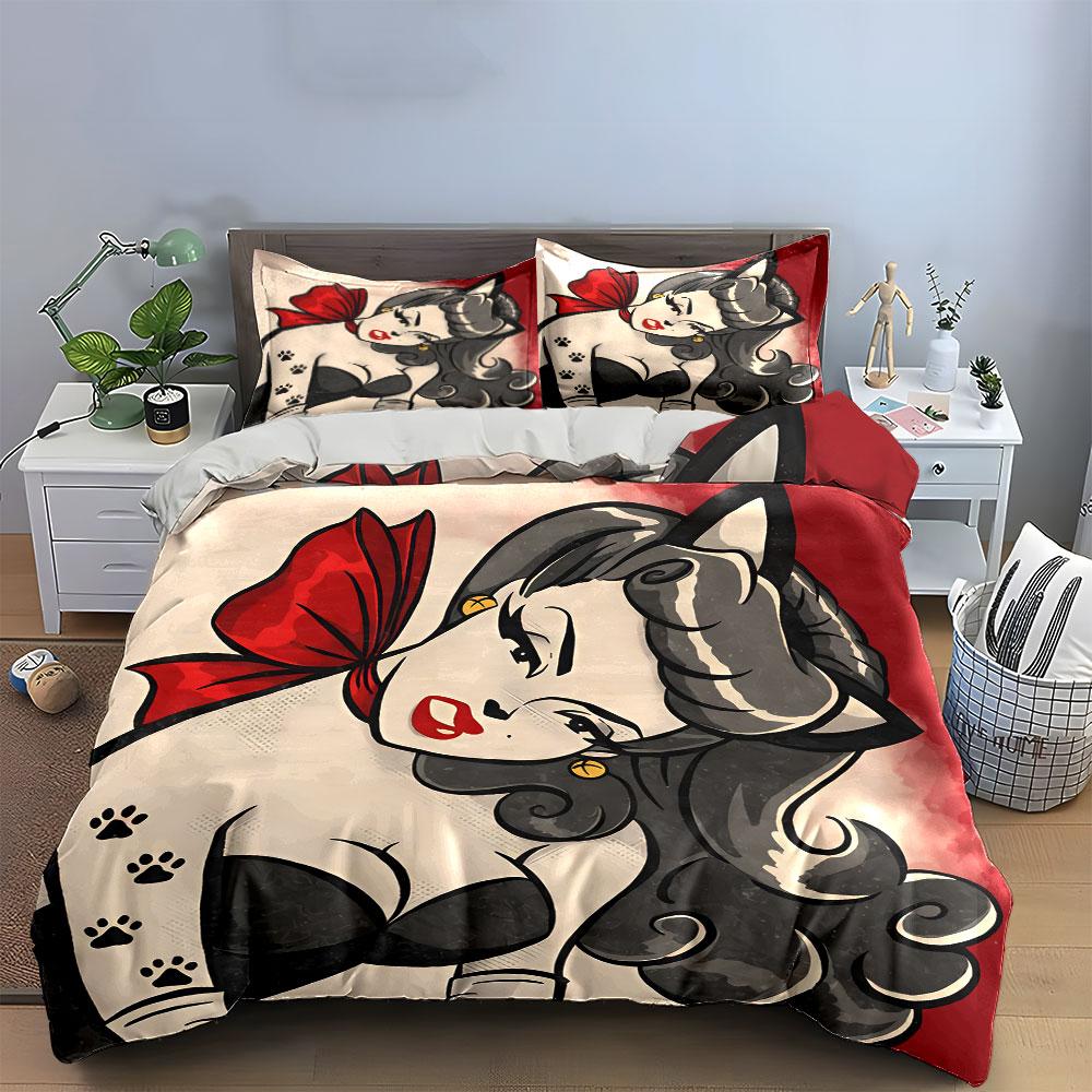 Vintage Cat-Eared Pin-Up Design Bedding Duvet Cover Set Duvet Cover Pillowcases (1*Duvet Cover 2*Pillowcases, Without Duvet Insert)