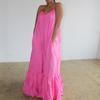 Maxi Dress Backless Casual Floor-length Solid Color Big Swing Strap Pocket Sling Dress for Beach