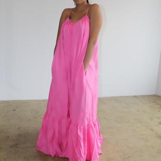 Maxi Dress Backless Casual Floor-length Solid Color Big Swing Strap Pocket Sling Dress for Beach