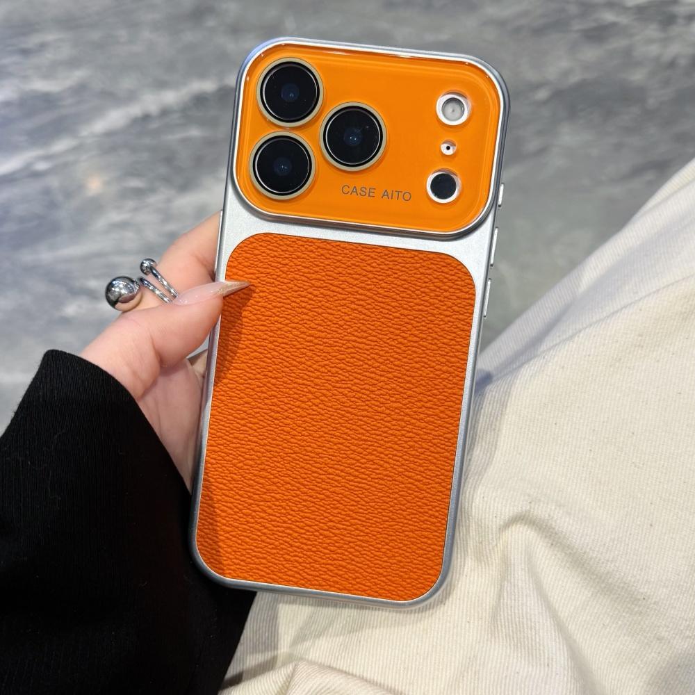 New Solid Color Leather Texture Phone Case For iPhone 17 16 15 14 Pro Max 13 Bumper Crystal Large Window Shockproof Cover