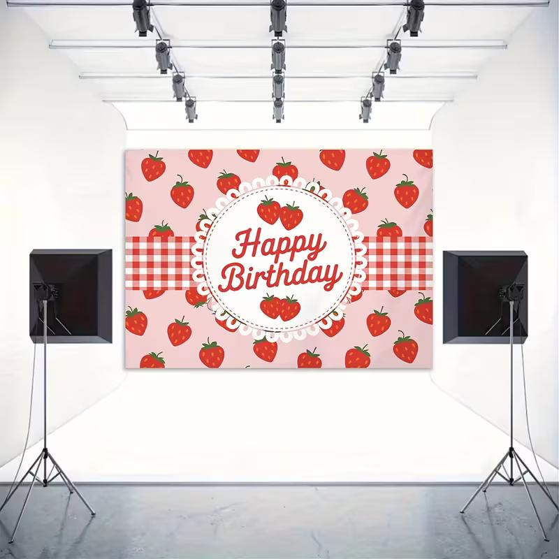 2D Flat Red Gingham Strawberry Birthday Backdrop Photography Background