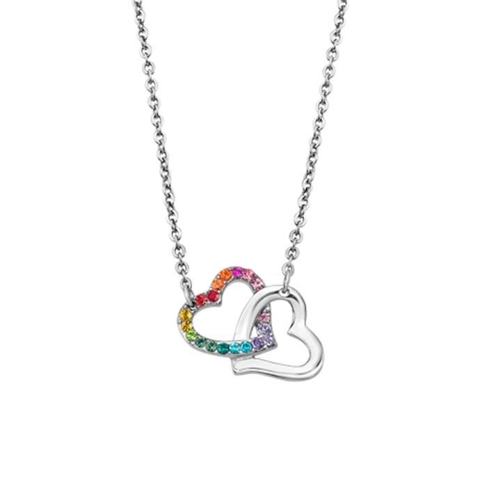 Collier - Lotus - Collier Lotus acier - 2 coeurs - Pierres multicolores - 44 cm