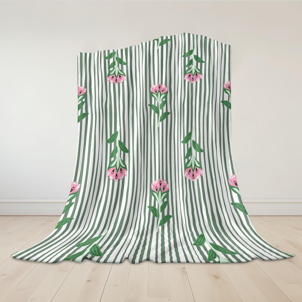 Mint Stripe Pink Bloom Flannel Blanket Warm Soft Halloween Christmas Couch Warm Cozy Decorative Decor Gift for All Season