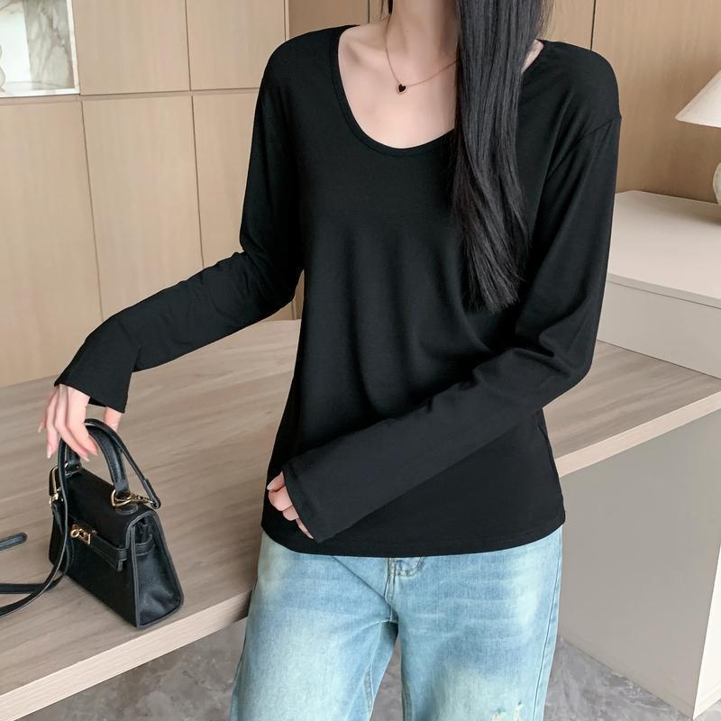 Women's White V-Neck Long-Sleeve T-Shirt, Brushed Interior, 2025 Fall/Winter, Loose, Slimming Base Layer Top.