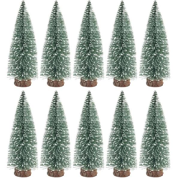 NOLITOY 10Pcs Mini Christmas Trees Decor Artificial Christmas Tree Bottle Brush Trees Sisal Snow Pine Trees with Wooden Base for Christmas Decor