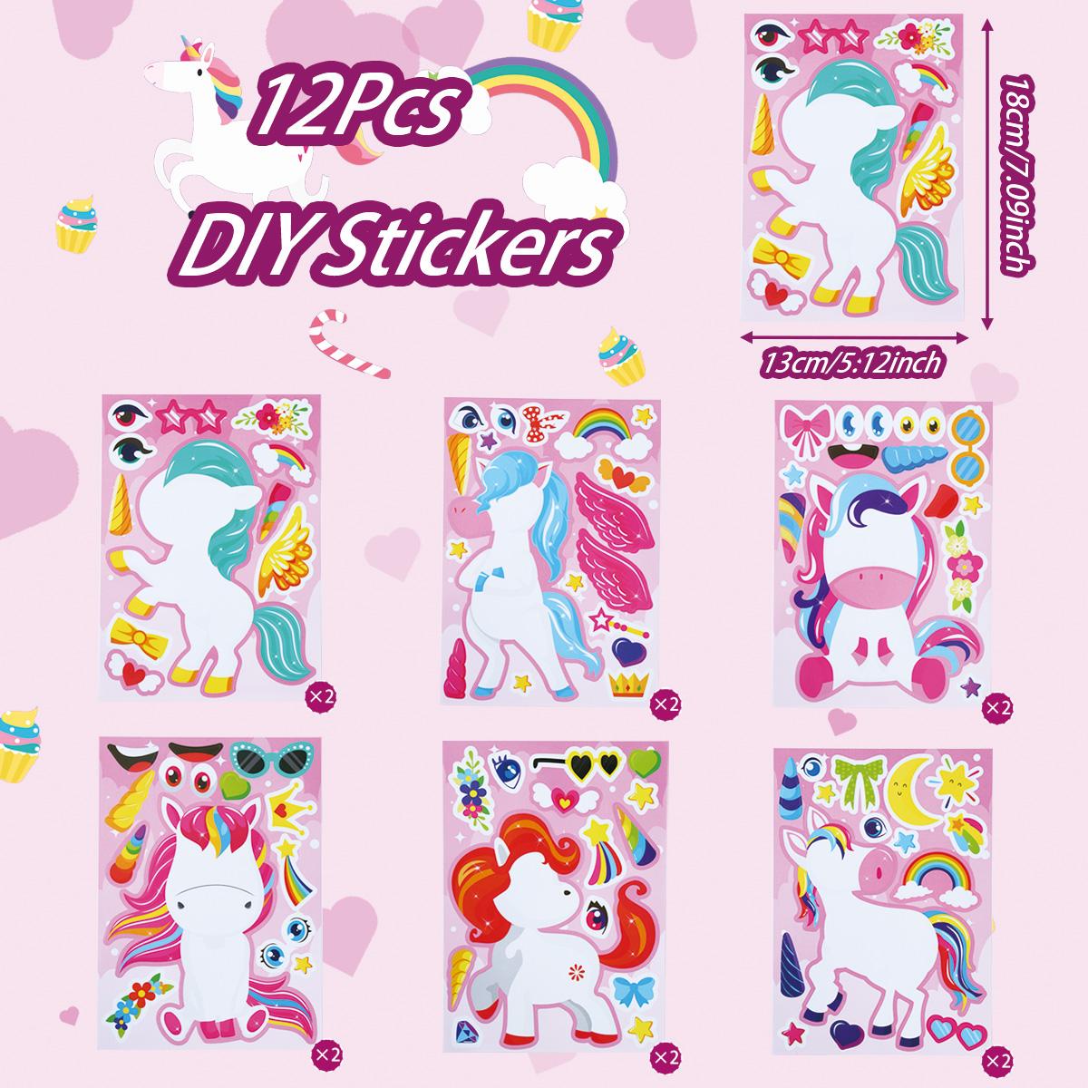 

12Sheets Rainbow Horse Children DIY Puzzle Sticker Games Unicorn Birthday Party Make A Face Funny Assemble Jigsaw Stickers Gifts as shows