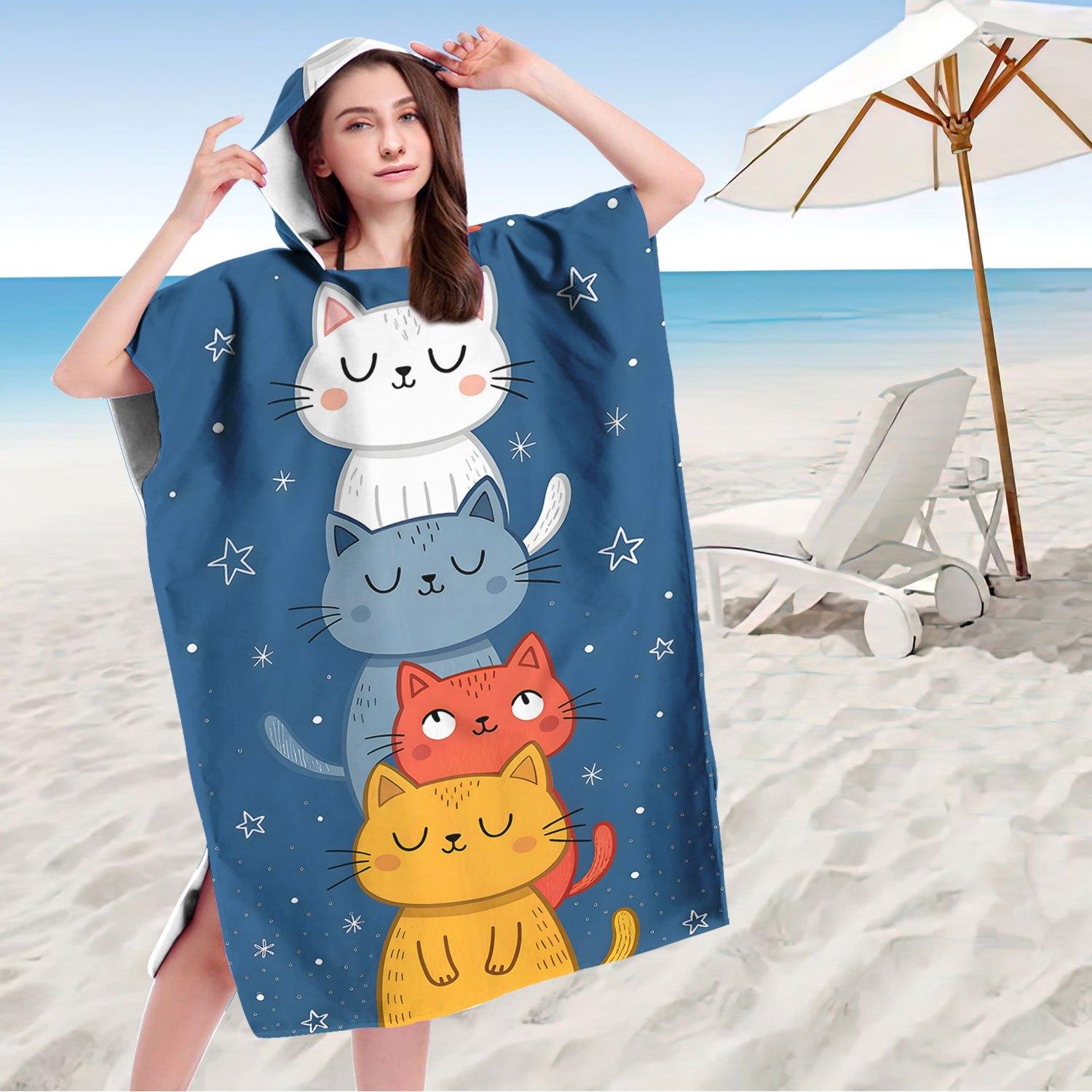 Ka Chen Muda Unisex Kids White 1Pc Cute Cat Stack Surf Poncho Towel, Polyester Hooded Beach Changing Robe, Cartoon Cat Star Print Swim Poncho, Adult & Kids Bea Cm