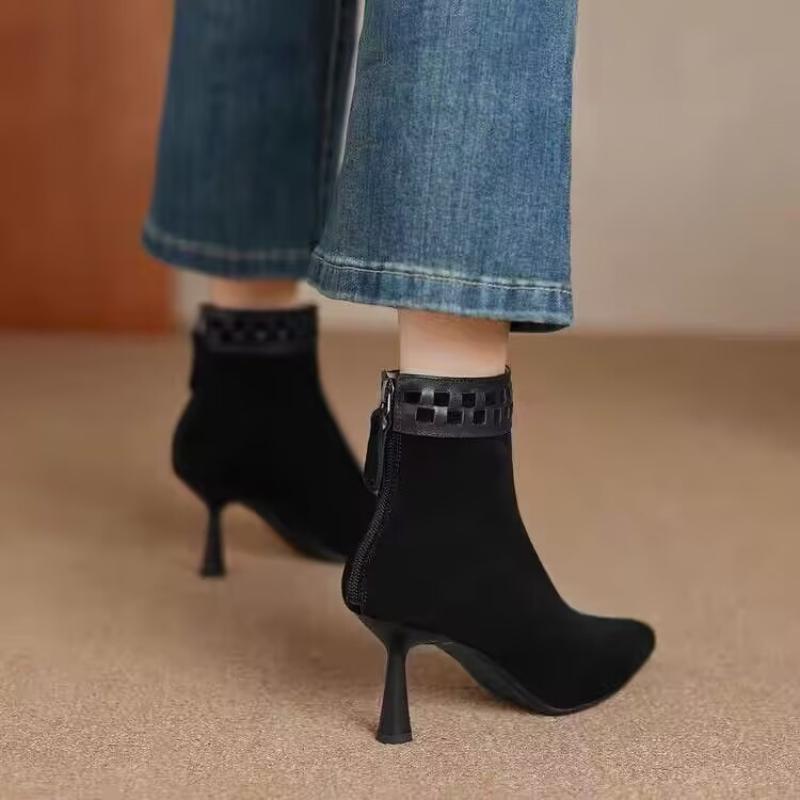 Mode 2025 Neues Temperament Stiletto Kurze Oberschenkelstiefel Herbst Neu Spitz Wildleder Reißverschluss hinten Rutschfest Verschleißfest Hohe Absätze