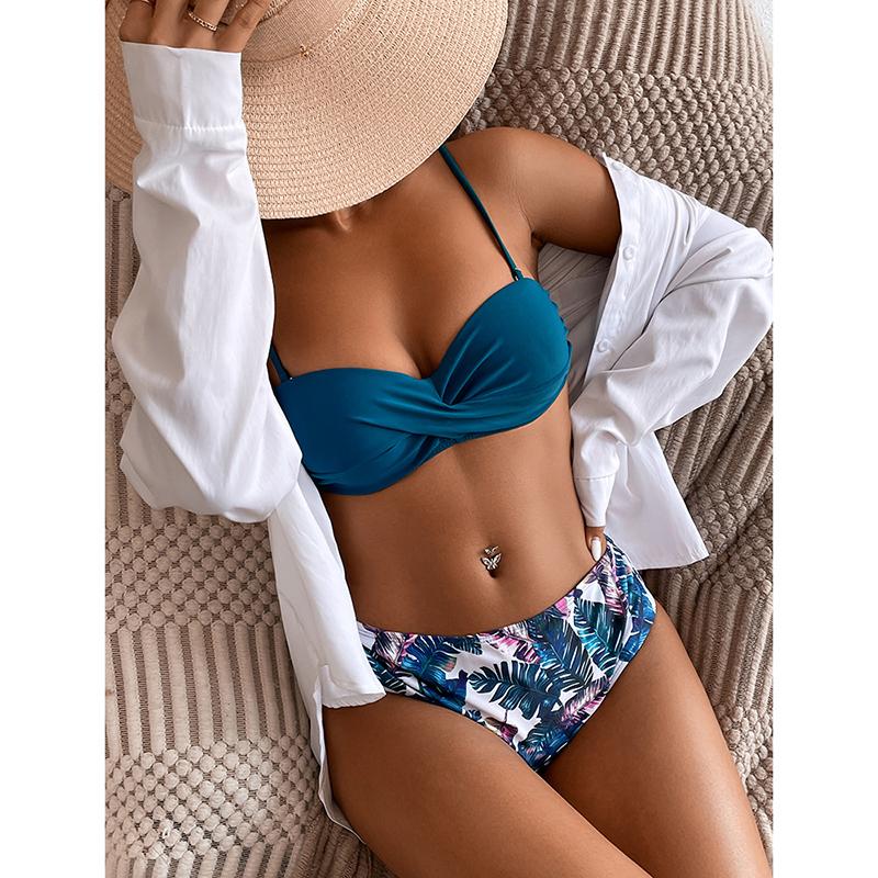 Two-Piece Swimsuit Women Underwire Padded Push-Up Split Bikini Solid Color Bra Floral Print High Waist Bottoms Swimsuit