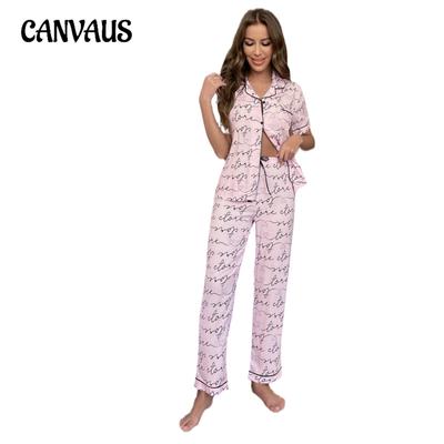 Pigiama da donna primavera e autunno con lettere stampate, camicia a maniche corte, pantaloni, completo da casa