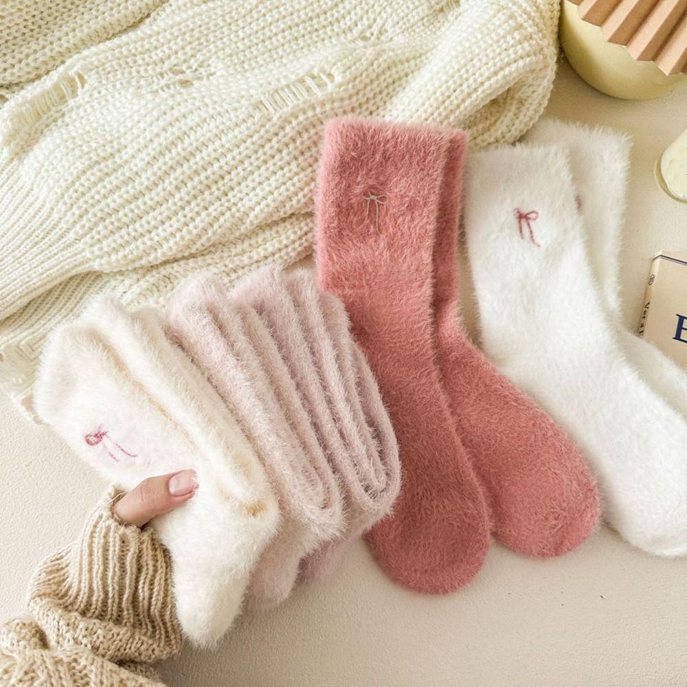 Soft Warm Fleece Plush Socks Sweat Absorption Sleep Boot Socks Kawaii Bow Velvet Socks Home Wear