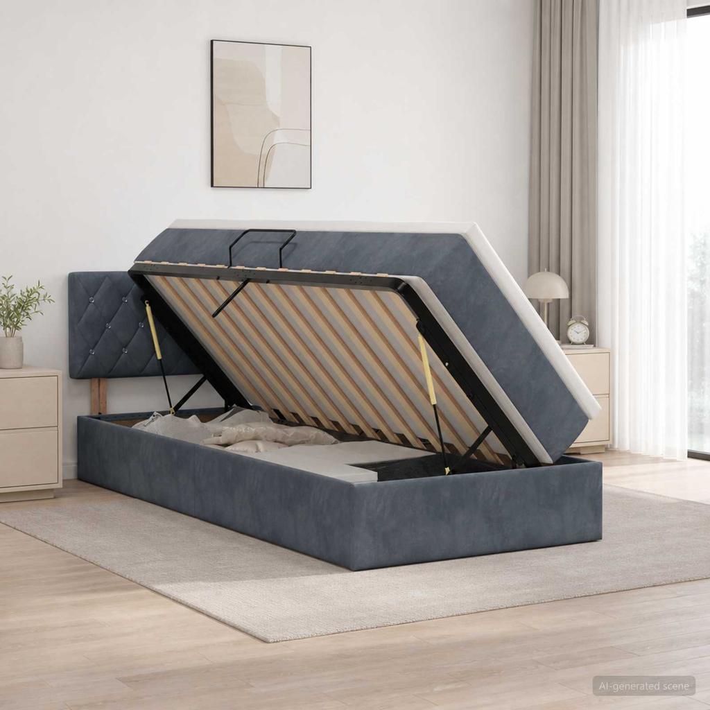 LED Storage Bed with Mattress Dark Grey 90 x 200 cm Velvet