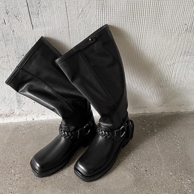 5CM Fringe Belt Design Knee High Boots Women Round Toe Chunky Heel Fall Winter Fashion