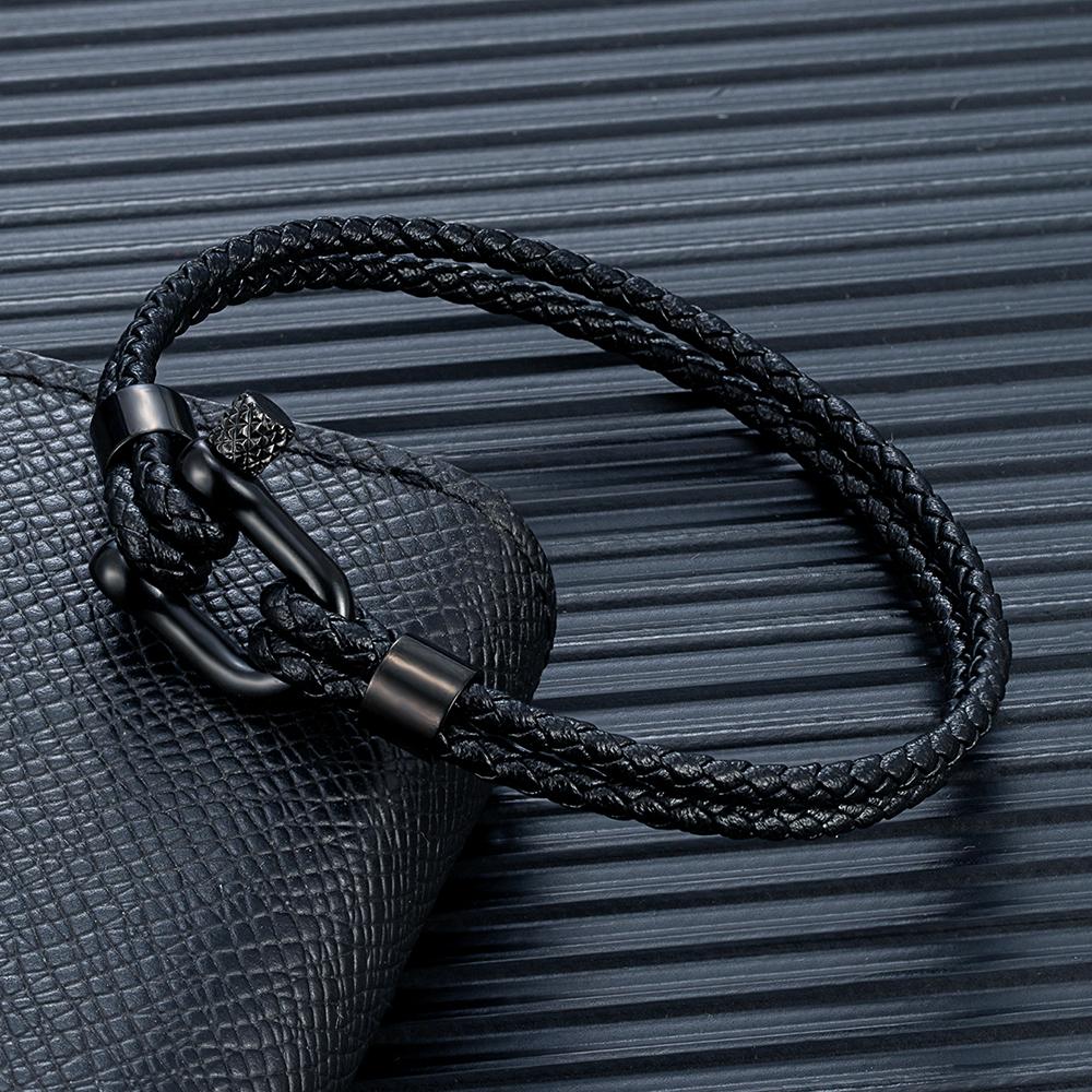 MKENDN Black Stainless Steel Shackle Bracelet Double Layer Blue Leather Handmade Nautical Jewelry for Men Women
