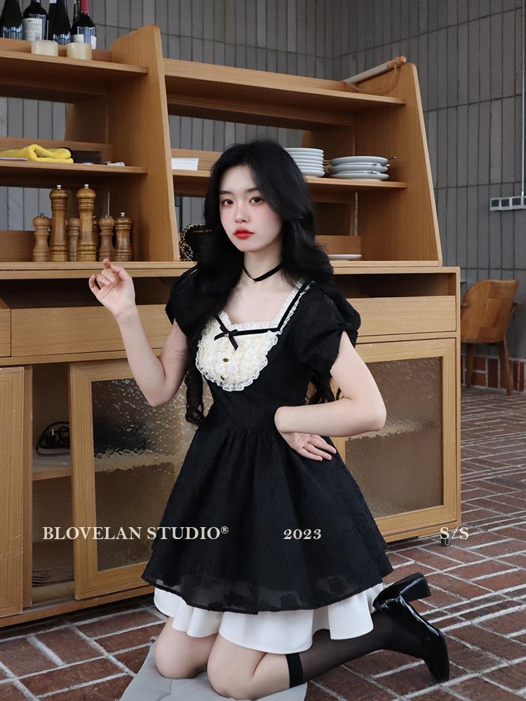 French princess dress square neck black high waist dress women's summer new