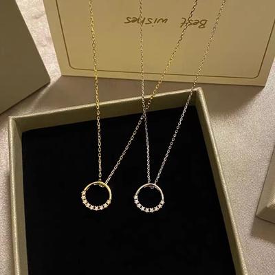 S925 Sterling Silver Light Luxury Minority Design Necklace Women's Cold Style Simple Circle Jeweled Pendant Clavicle Chain