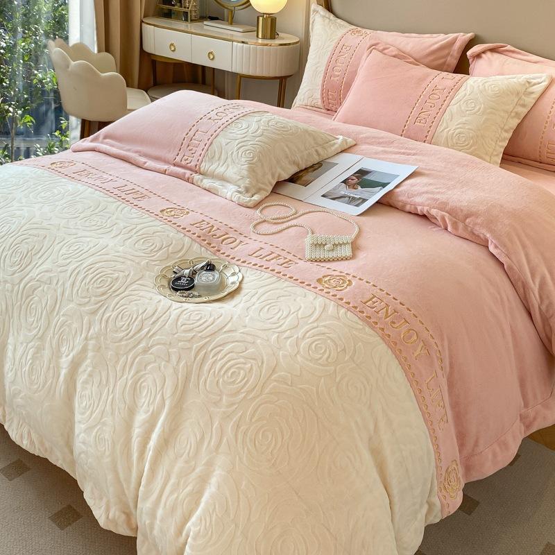 Thickened Milk Fleece Four-Piece Double-Sided Fleece Quilt Cover Solid Color Bed Sheet Mattress Quilt Cover Dormitory Bedding