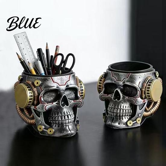 Skull Shaped Desk Accessory Pen Holder, Spooky Resin Makeup Brush Holder Multi-functional Desktop Organizer for Home Office, Halloween Decor