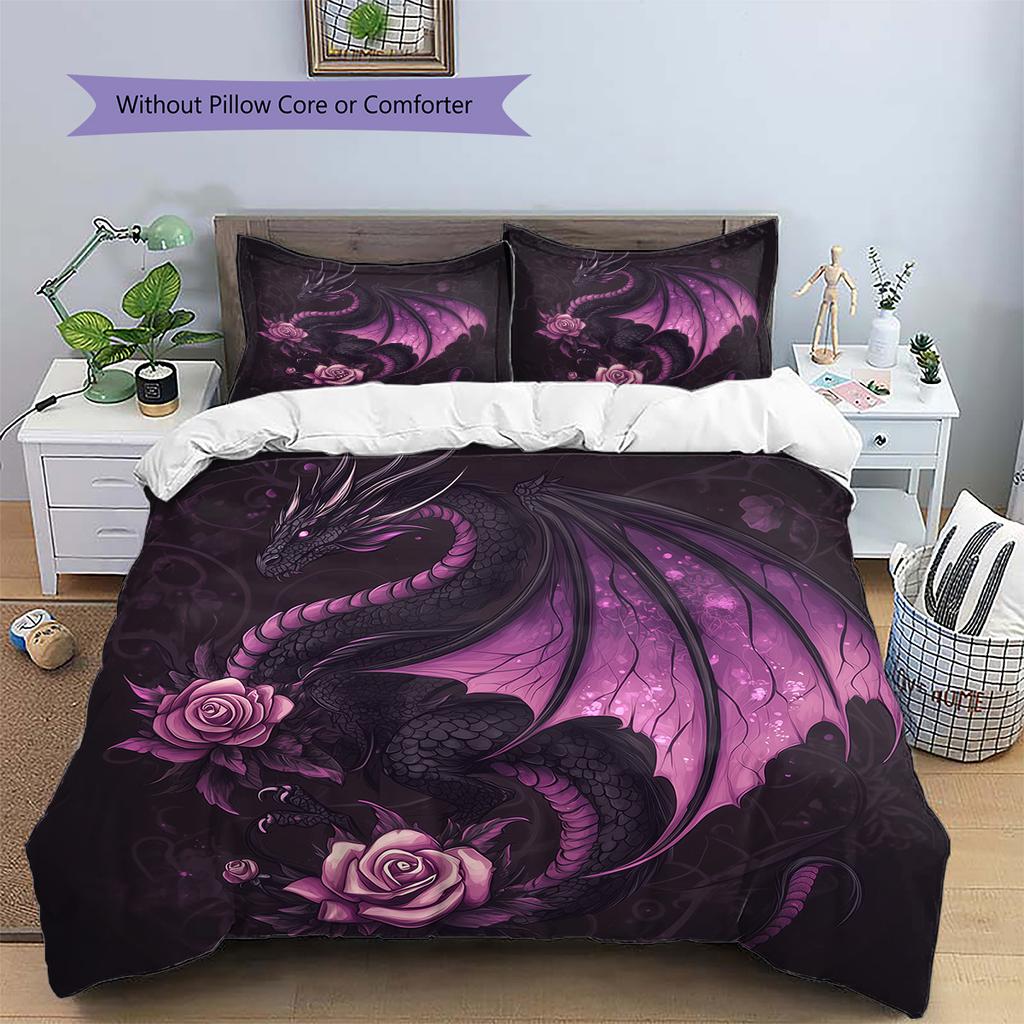 Fialový drak Vzor Povlečení Přikrývka Sada Povlak na přikrývku Povlak na polštář Domácí dekorace Dárek (1 * povlak na peřinu + 2 * povlak na polštář, bez jádra)