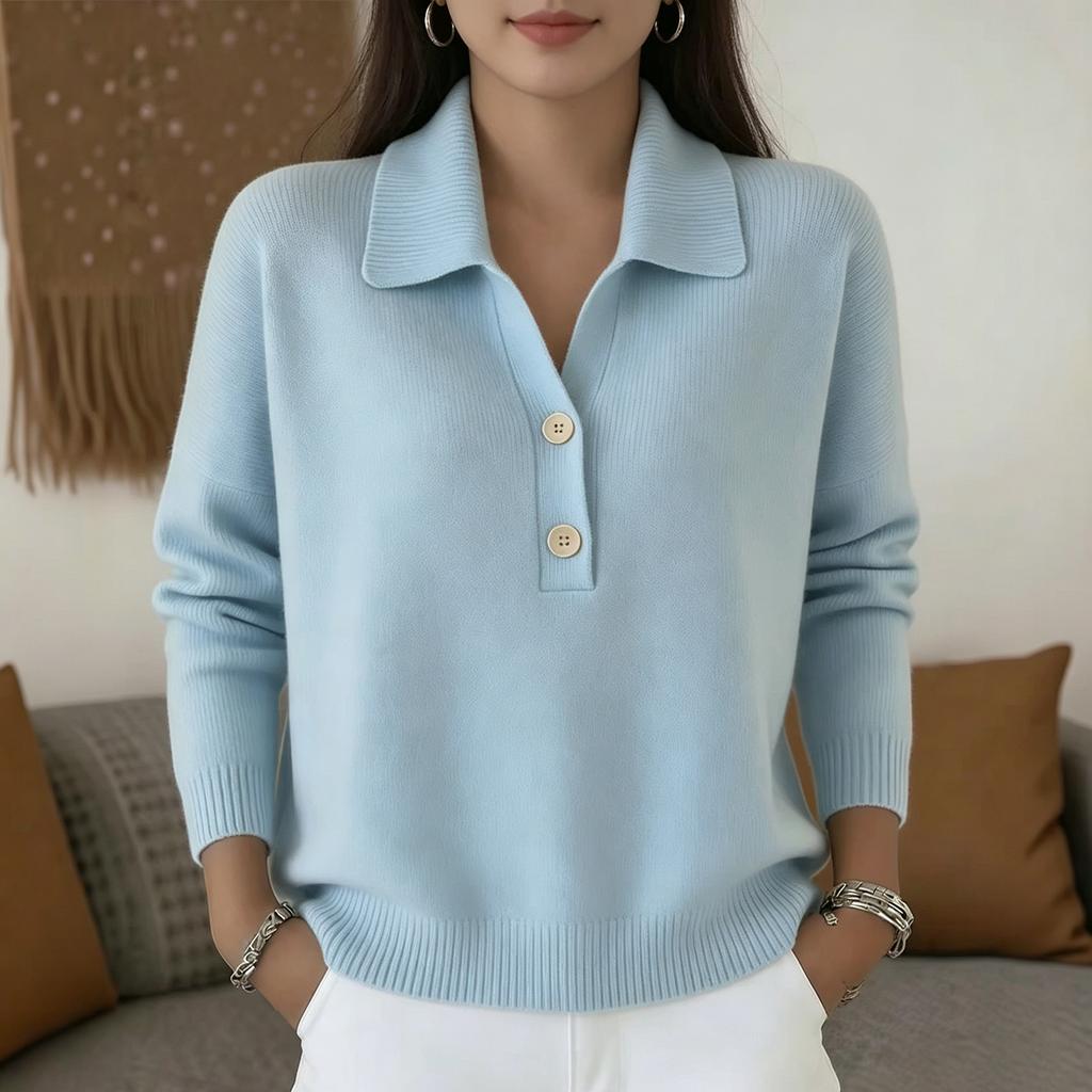 Women's Long Sleeve Knit Sweater Loose Fit Button Front Polo Collar Casual Pullover Top Lightweight Soft Fabric Comfortable Wear