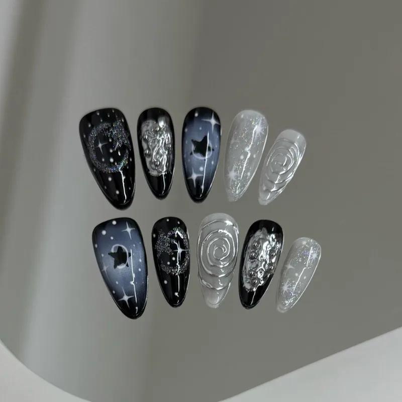 New 10pcs Handmade Wearable Press On Nails Y2k Starry Night Sky Almond Fake Nail Tips Detachable for Sweet Cool Girls&Women