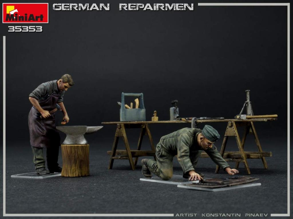 Miniart 1/35 Maßstab Deutscher Reparaturmann (2er Set) mit Werkbank und Werkzeugen, Kunststoffmodellbausatz MA35353