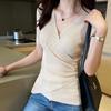 Women Summer V-Neck Ice Silk Knitted Thin Sweater Shirt Top Short Sleeve Slim Irregular Bottoming Button Solid Color