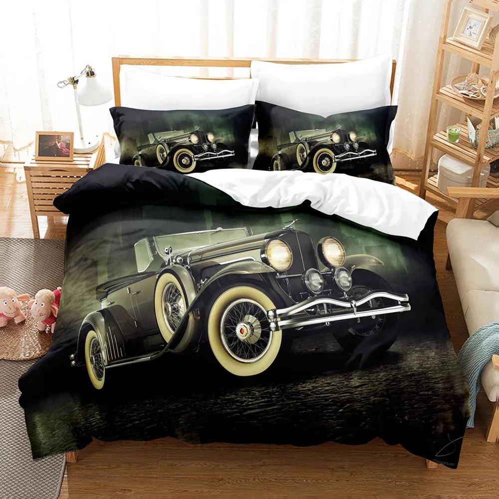 3D Vintage Car Including Duvet Cover Set With Pillowcases Microfiber 2/3Pcs Cool Sports Car Bed Comforter Set For King Bedding