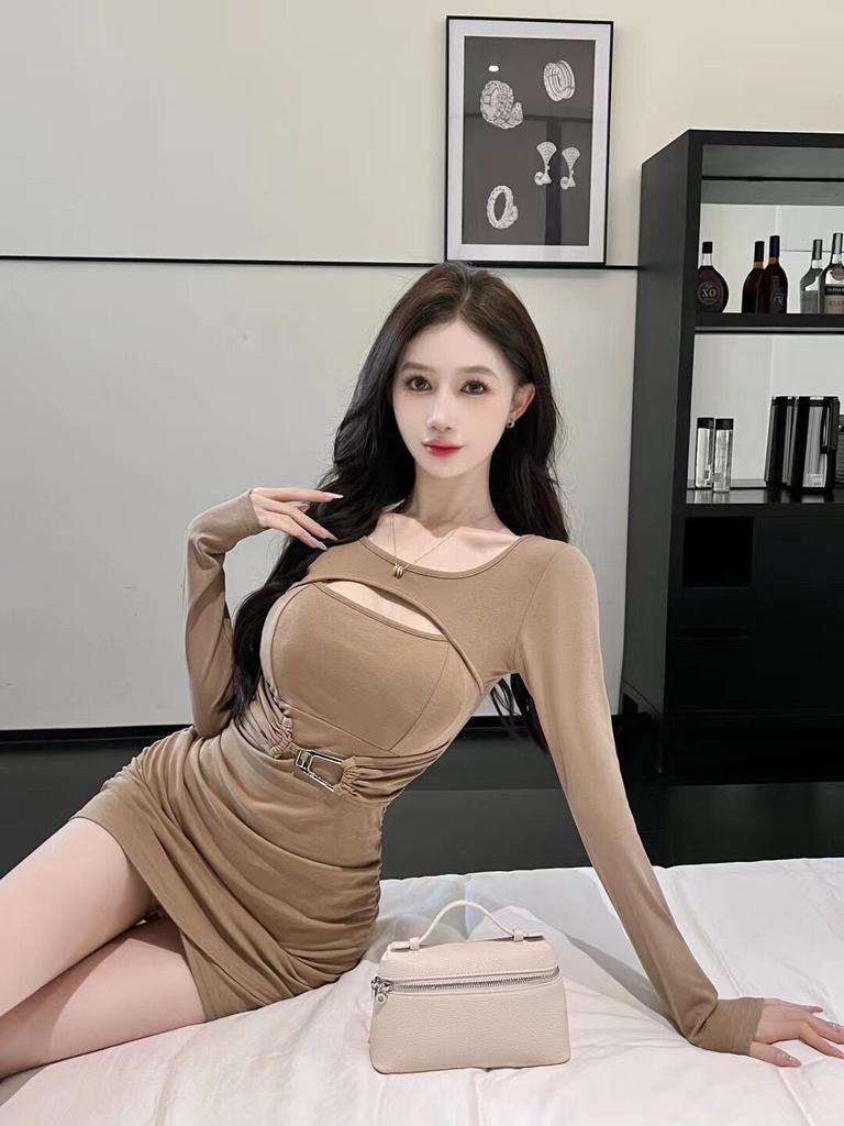 Spring New Sexy Long-sleeved High-elastic Korean Version Tight-fitting Hip-wrapped Waist Short Primer Dress Women's Clothing