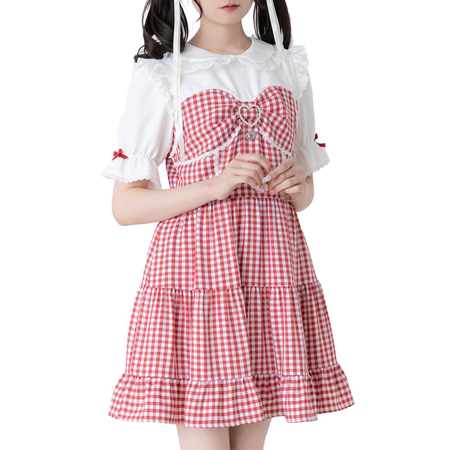 

Yumetenbou Mass-Produced Clothing [Dear My Love] Casual Dress, Round Collar, Bustiered Dress, Women s, Gingham Red, Yumetenbou