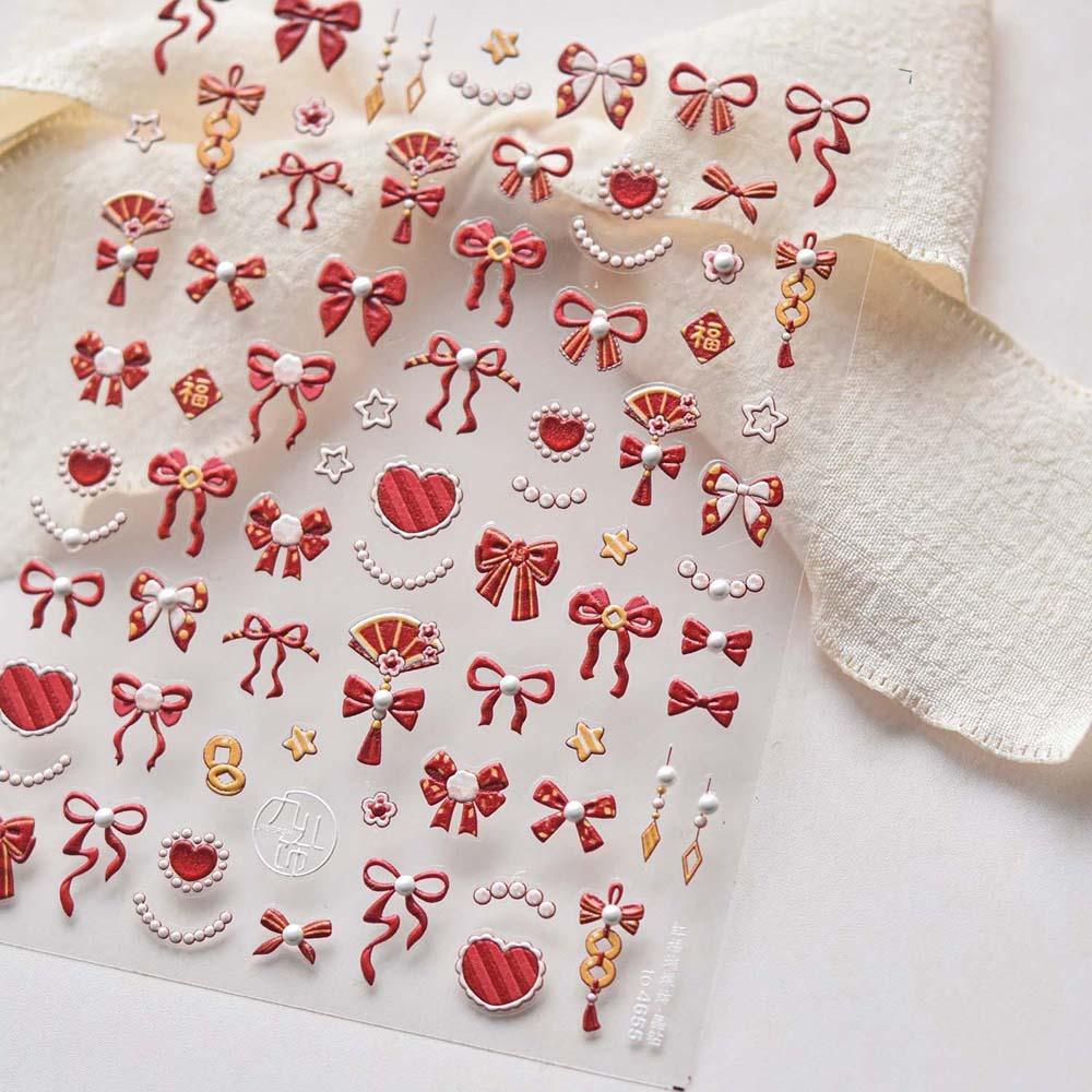 3D Pearl Bow Chinese New Year Nail Sticker Peony Flower Snake Nail Decoration  Nail Salon