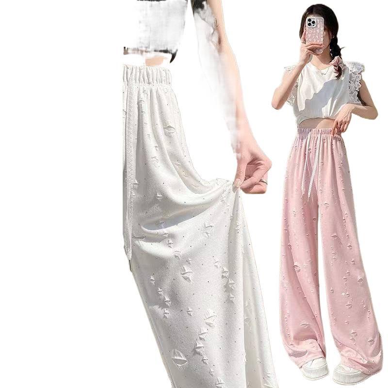 Plus Size Women's Ice Silk Ripped Rhinestone Wide-Leg Summer Pants