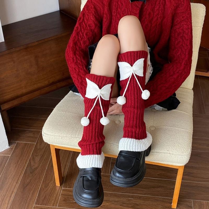 Fashionable Women's Leg Warmers Ribbed Socks Elastic Lace Trim with Cute Bows and Fuzzy Ball Winter Accessories
