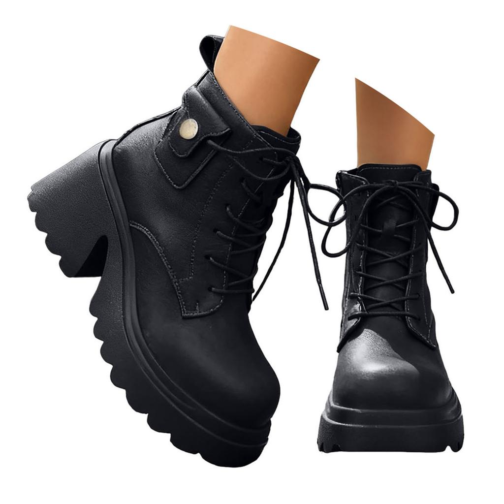 Botas de Tobillo para Mujer de Cuero Suave con Plataforma y Tacón Alto Estilo Retro Británico de Motociclista Desgastado Botas con Tacón para Mujer Moda