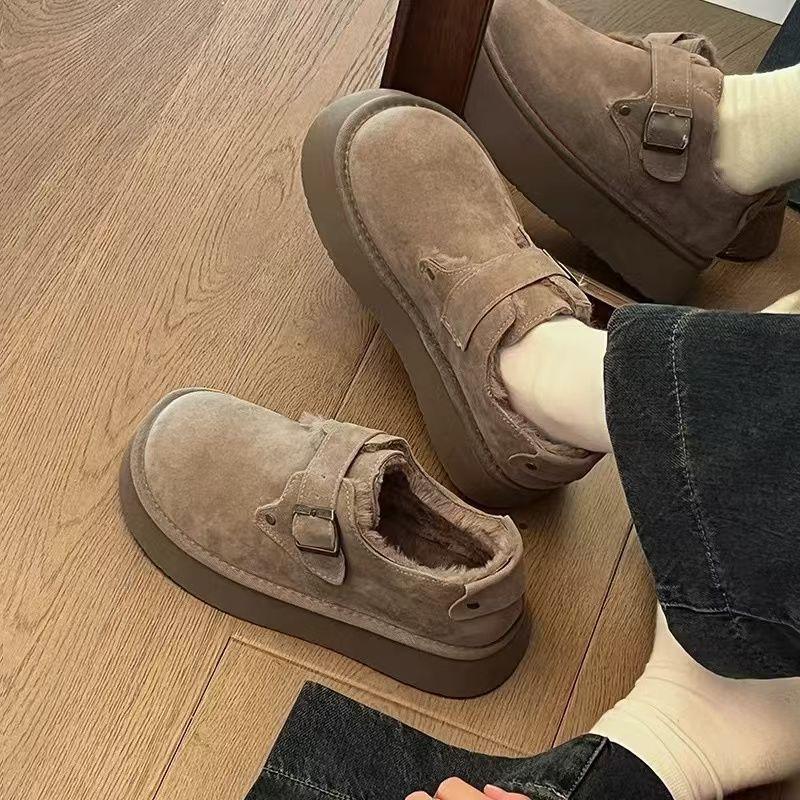 Women's Winter Furry Moccasins: Brown Cotton Slip-On Snow Boots with Thick Soles.