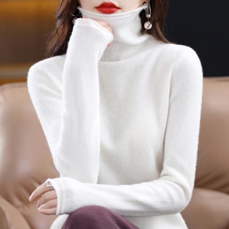 Women's High Neck Wool Sweater - 100% Pure Wool, Rolled Edge for Autumn/Winter - Versatile Cashmere Base Layer Knitwear.