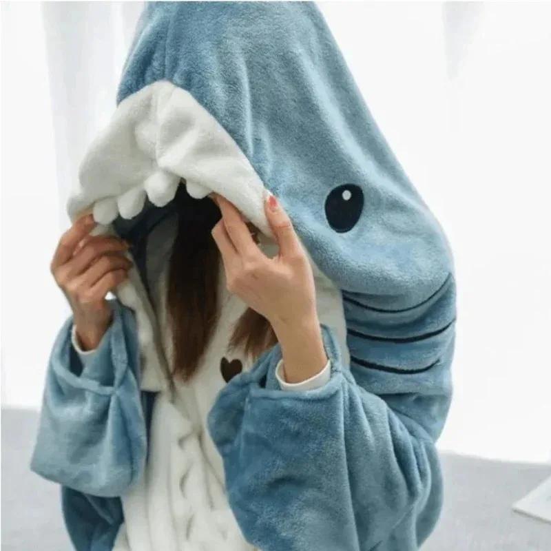 Shark Blanket Plaid Cute Women Pajamas Soft Sleeping Warm Plaid Adult Shawl Blanket Wearable Shark Gown Bathrobe Comfy Homewear